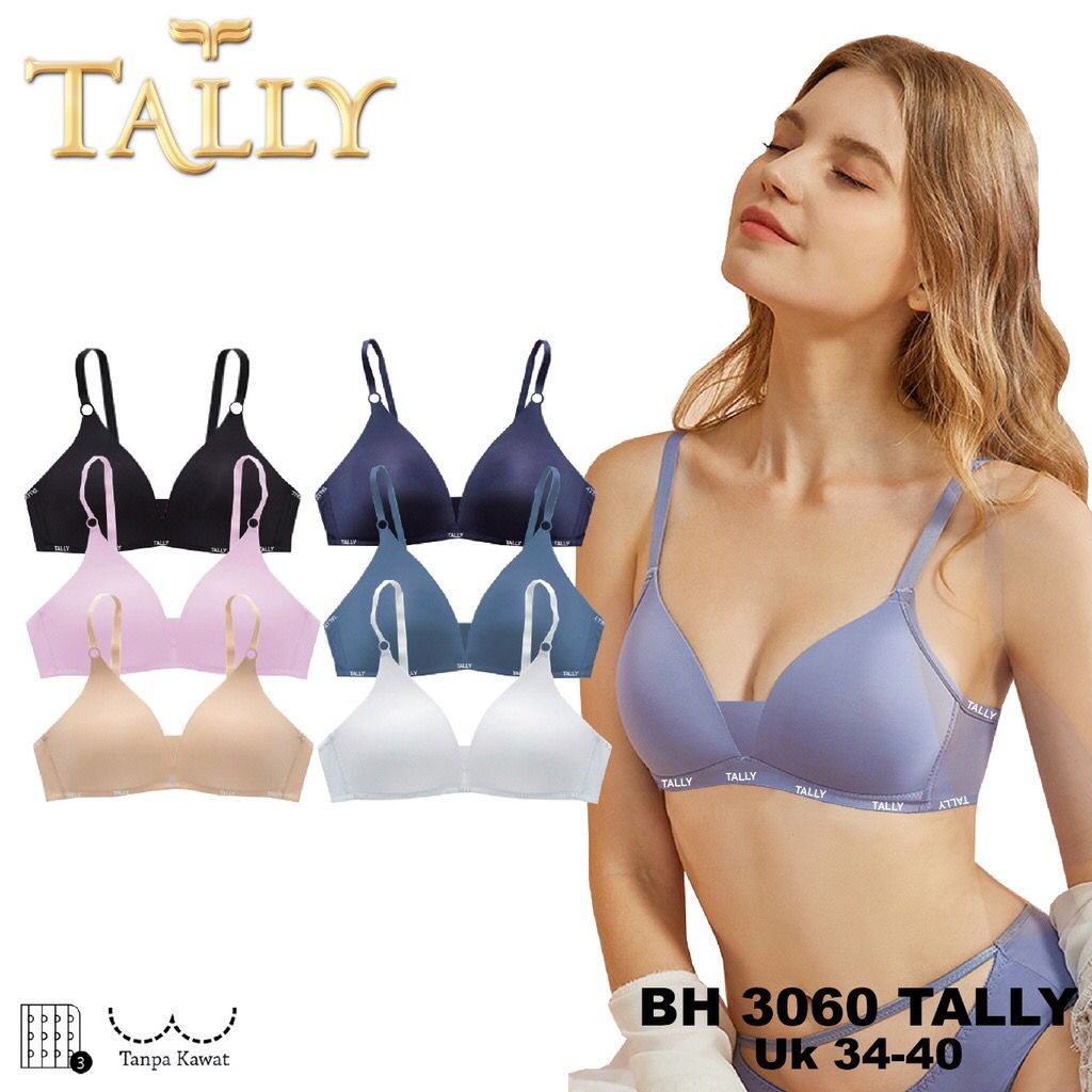 NEW !! TALLY Bra Tanpa Kawat Bahan Licin Busa Tipis Kait 3 Cup B Bh Harian Nyaman BH 3060 Polos  | BH TALLY BARU - SIZE 36 38 40 - CUP B - ARA98STORE