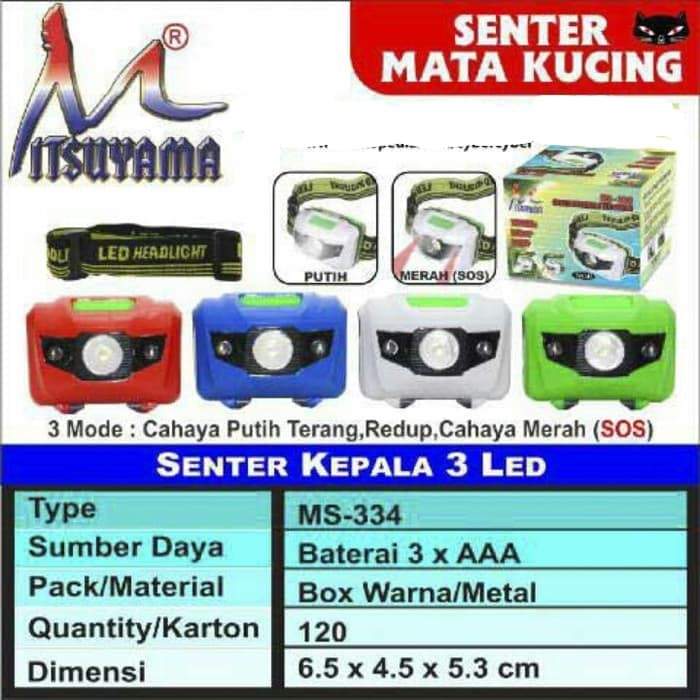 Senter Kepala / Headlamp LED Mitsuyama MS-334 (Baterai) Anti Air