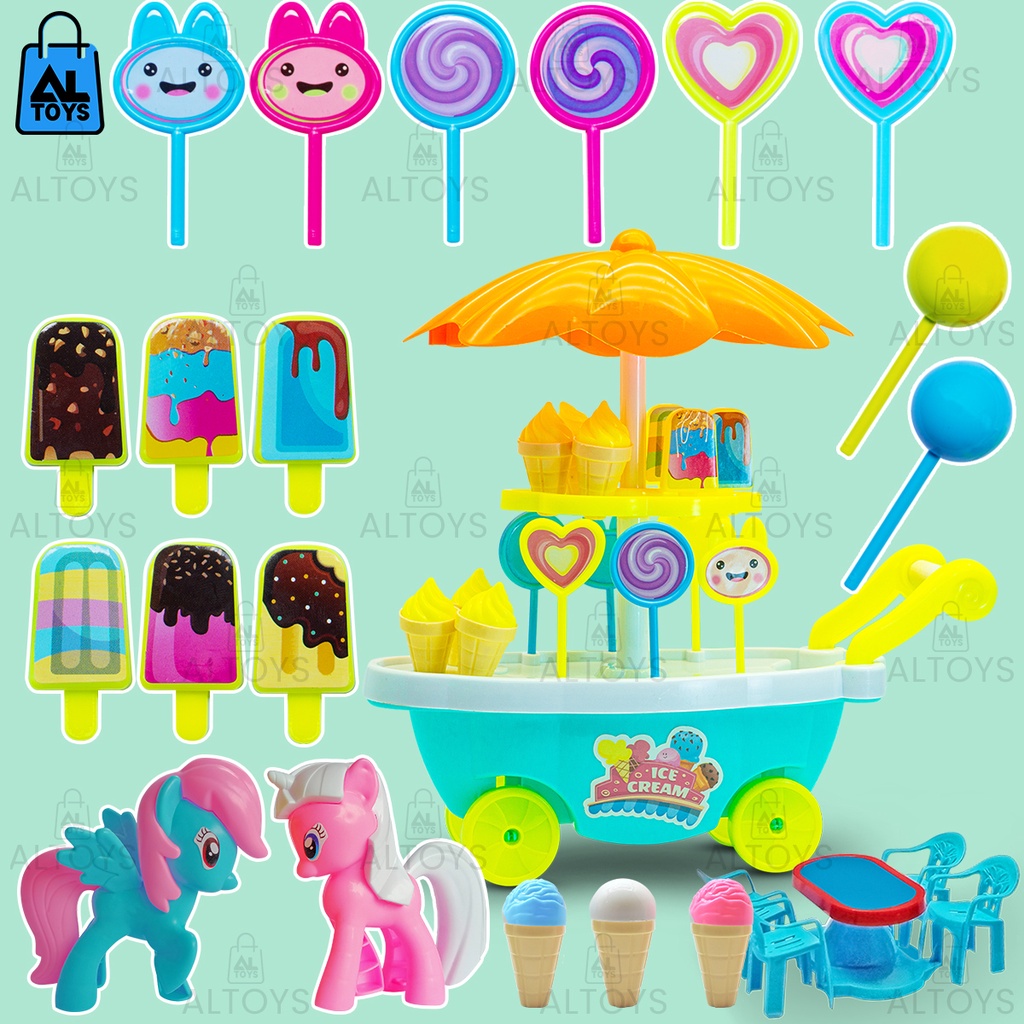 MAINAN STROLLER GEROBAK JUALAN ICE CREAM KUDA PONY MEJA KURSI SET FI508