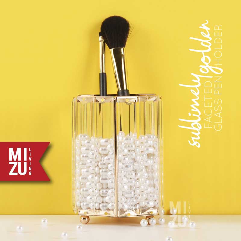 SUBLIMELY GOLDEN FACETED GLASS Pen Holder Glass Stationery Stand Tempat Pensil Alat Tulis Kaca Emas