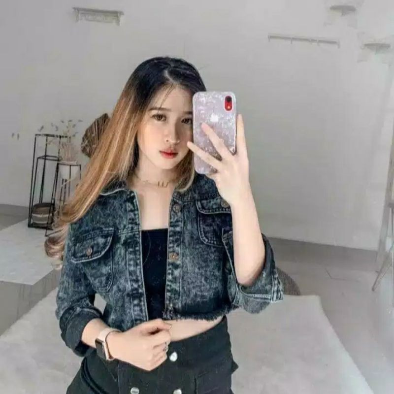 QUEENSTORE JAKET WANITA CEWE JAKET MURAH JAKET JEANS CROP RAWIS JAKET DENIM JINS TERBARU LEPIS-1