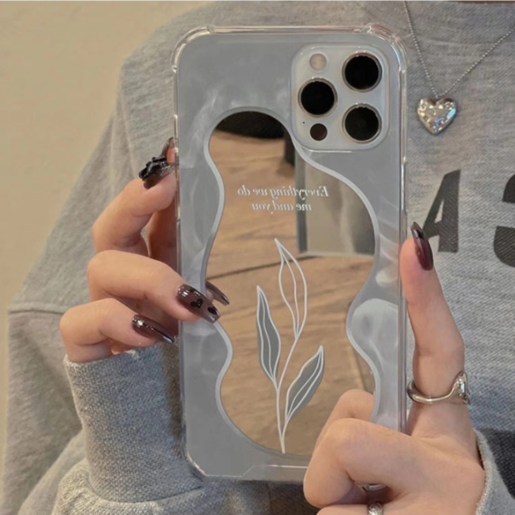 Casing tpu iPhone 13 12 11 Pro Max X XS Max XR 8 7 Plus Motif Daun Shockproof Aksen Cermin