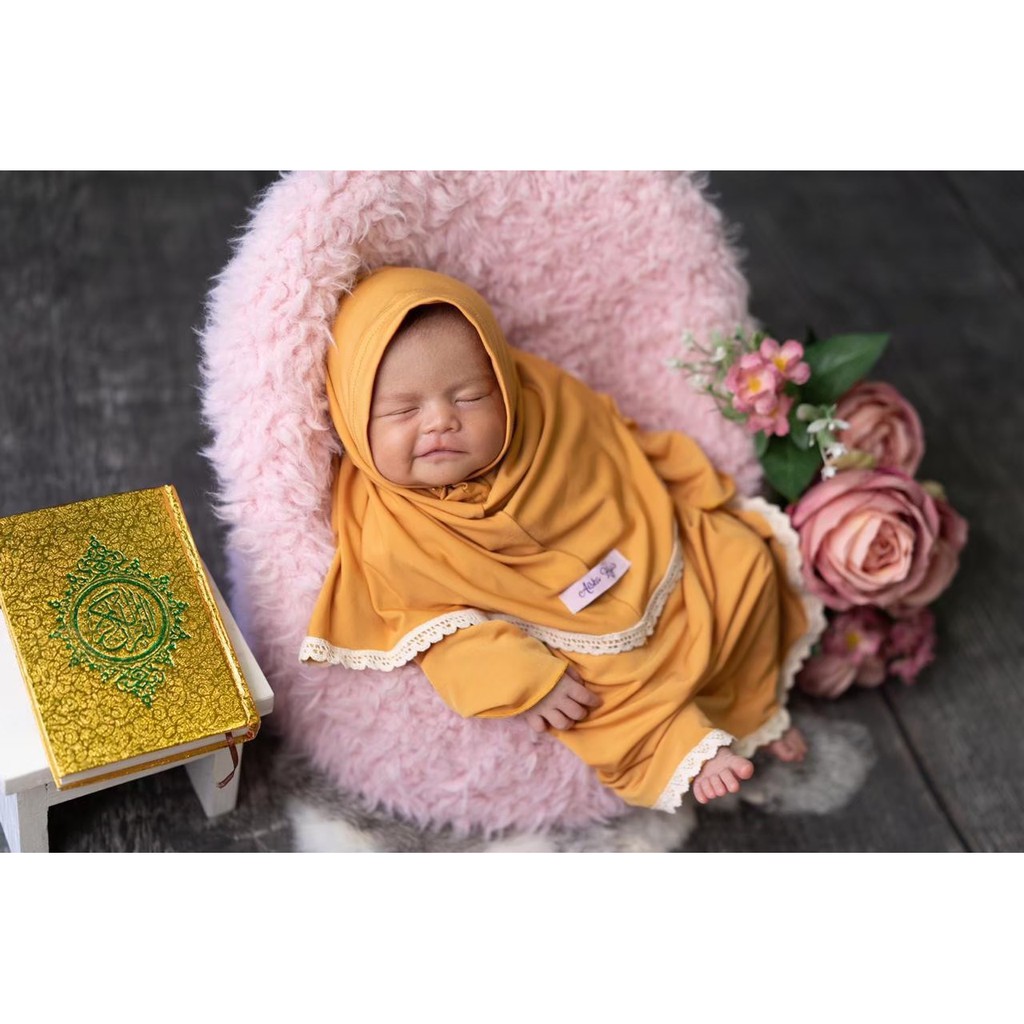GAMIS BAYI & ANAK PEREMPUAN 0-6 BULAN MUSLIMAH SYARI WARNA MUSTARD TERBARU AISKA HIJAB NON PED
