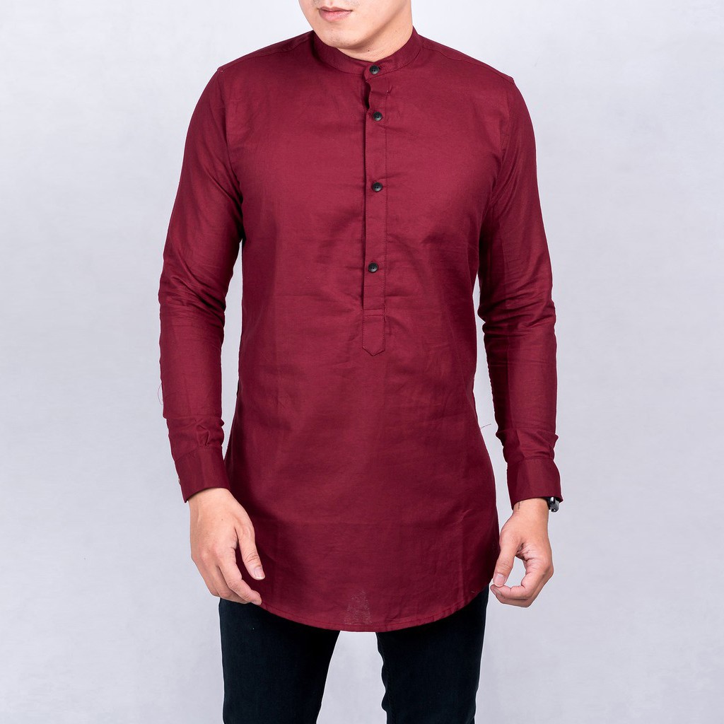 Kemeja Koko Polos Lengan Panjang Kurta Pakistan Pria Warna Merah Maroon
