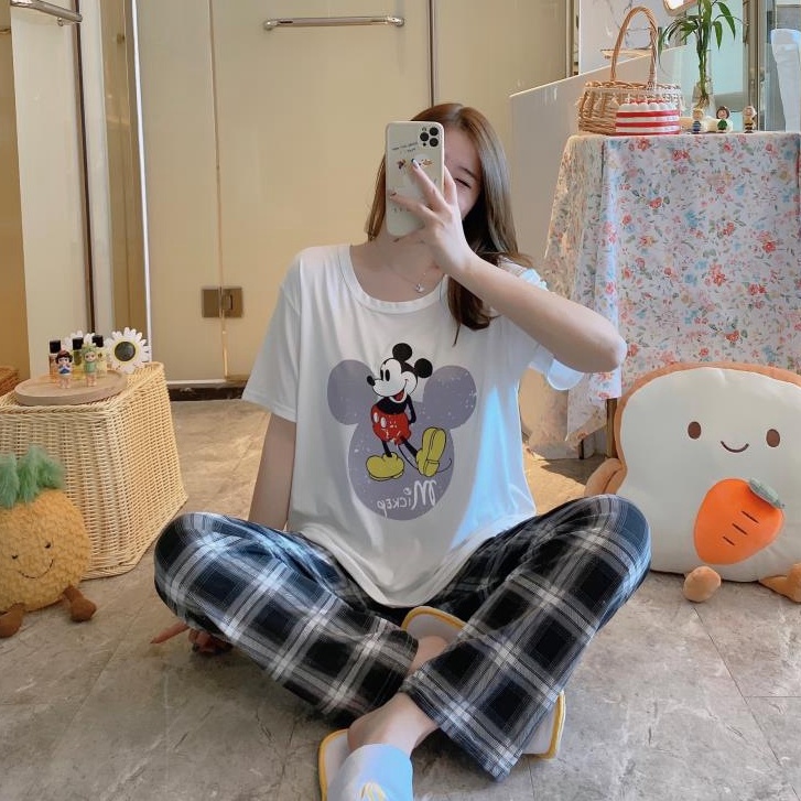 Baaju.id Baju Setelan Piyama Import Jumbo Big Size Baju Rumah Baju Tidur Wanita KR1001-MICKEY WHITE