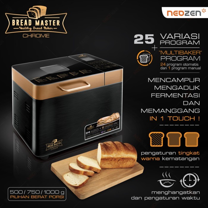 Neozen Bread Master Chrome Mesin Pembuat Roti Digital 600 W Wadah 1 Lt