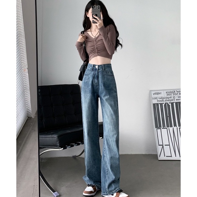 Biru retro korean style kekinian import loose straight celana jeans panjang wanita