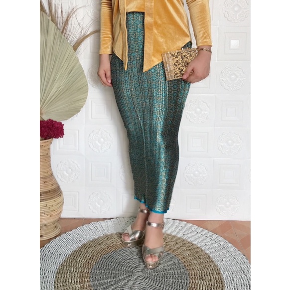Rok plisket songket warna biru tosca