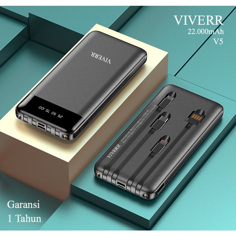 Powerbank VIVERR V5 original Kapasitas 22.000 mAh Output 3 Kabel ( iphone, TypeC,Micro ) universal buat semua gadget garansi 1 Tahun.