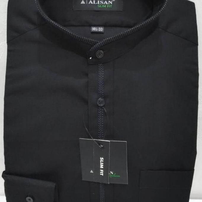Star Seller Alisan Kemeja Pria Kerah Shang Hai / Kerah Koko Slim Fit Panjang - Hitam, S
