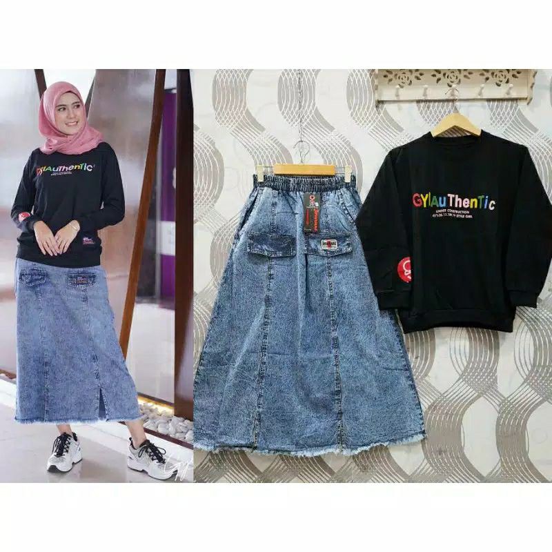 Stelan rok Jeans GYL Dengan Atasan Kaos combad ori