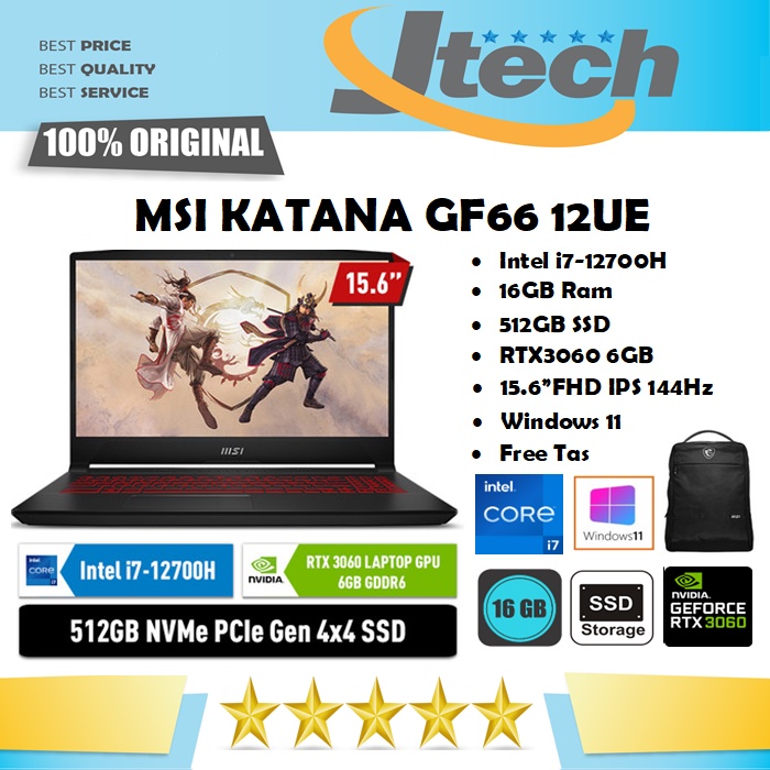 MSI KATANA GF66 12UE 264ID - i7-12700H - 16GB - 512GB SSD - RTX3060 6GB - 15.6&quot;FHD IPS 144Hz - W11