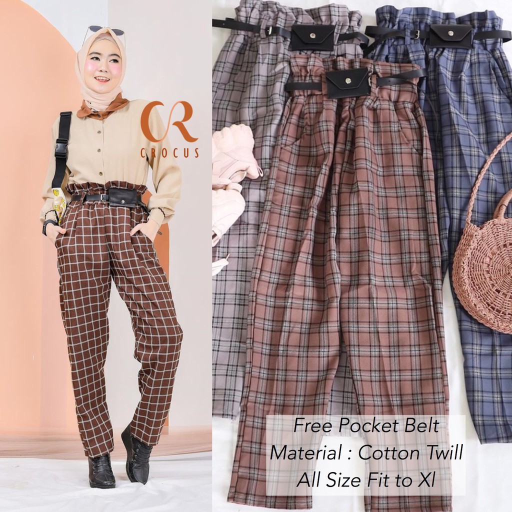 AIRA - ( Free Belt ) Celana Khanza Tartan Pants Twill Import