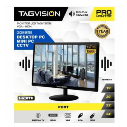 Led monitor tv tagvision 22 inch 22&quot; pro 2k vga hdmi bnc Usb-A audio Rca 3 tag-led22a tag vision