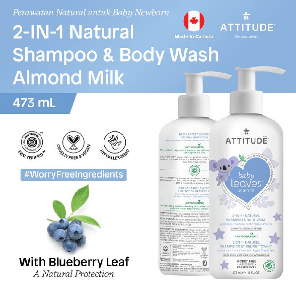 Attitude Baby Leaves 2 in 1 Shampoo &amp; Body Wash 473 ml - Good Night Almond Milk