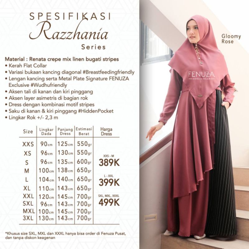 Gamis Razzhania dress size XXS-XXL ori Fenuza busana muslim busui bahan renata crepe mix linen bugat