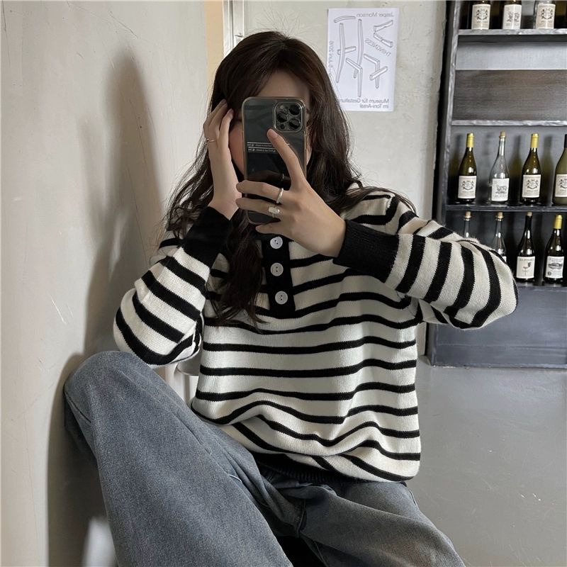 Polo Stripes Knit Import - Atasan Polo Rajut Wanita - Korean Polo Knit TM (51047)