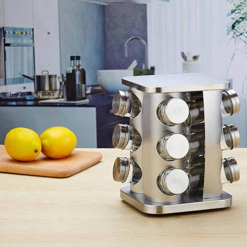 Rak Bumbu Meja 12-Jar Rolling Seasoning Organizer Rolling Rolling Table Spice Rack Stainless Steel Rotating Seasoning Tower with Refillable Seasoning