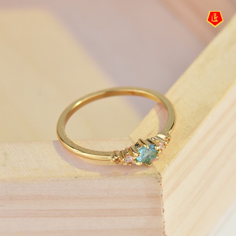 [Ready Stock]18K Gold Inlaid Aquamarine Ring Simple Fashion