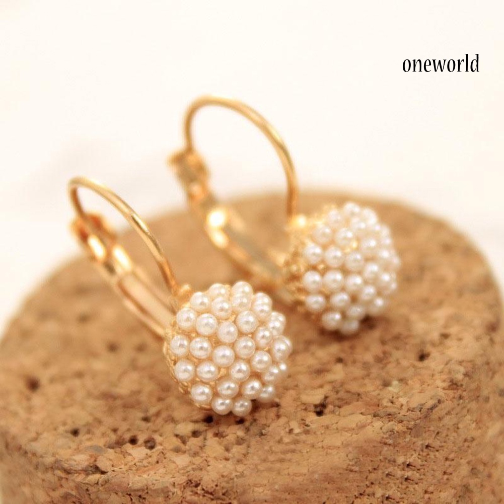 OW@ Fashion Women Round Faux Pearl Charm Leverback Earrings Piercing Jewelry Gift