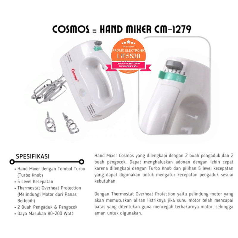 MIXER / HAND MIXER COSMOS CM 1279 / CM1279 / CM-1279 PENGADUK KUE FREE PACKING GARANSI RESMI COSMOS ORI