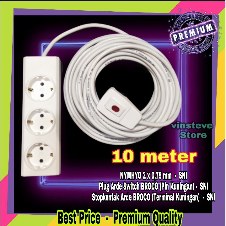Stop Kontak Kabel BROCO 3 Lubang 10 Meter + Steker Saklar