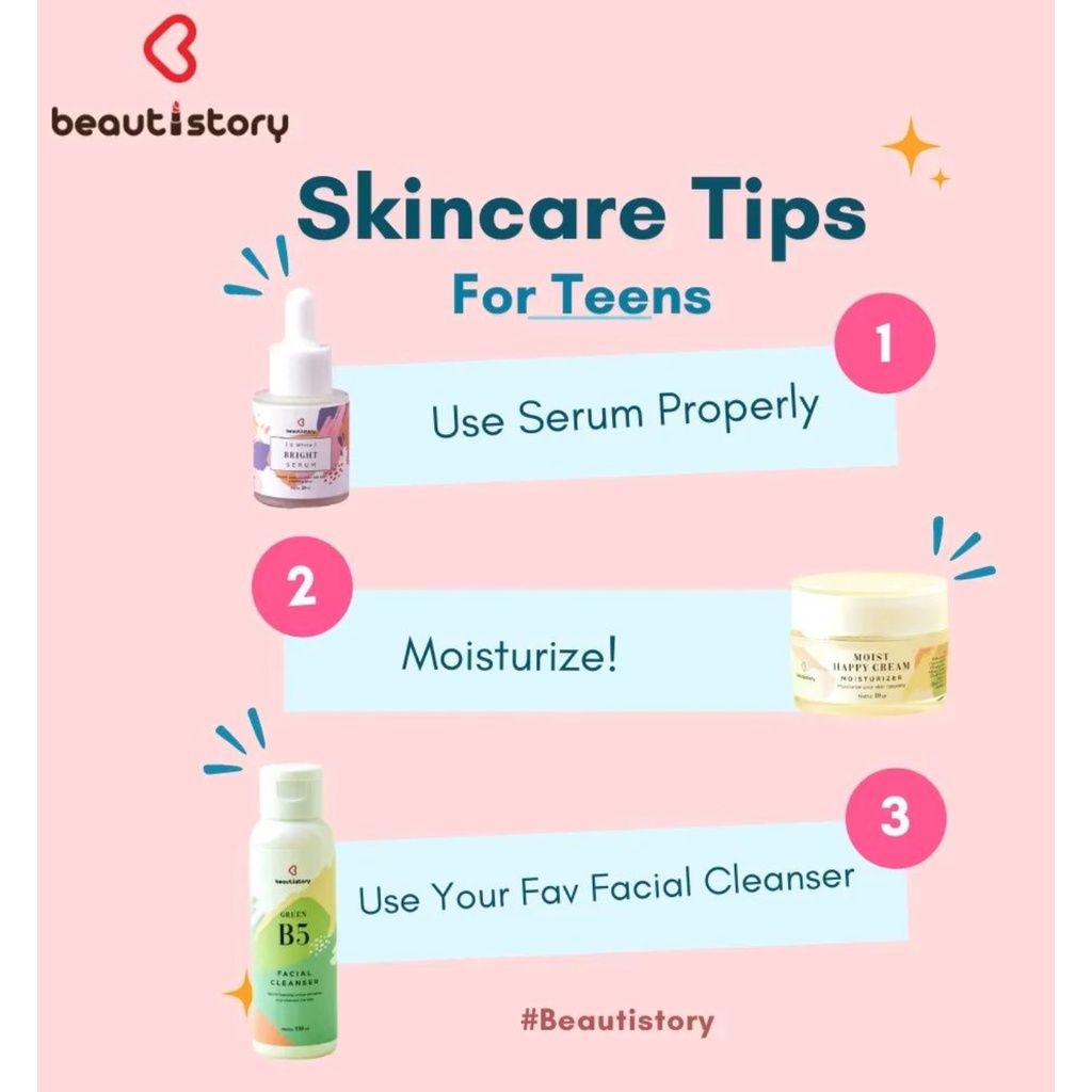 BEAUTISTORY moisturizer / facial wash / hydrate serum / brightening serum bright mencerahkan moist happy cream hya c face wajah muka mengatasi jerawat bruntusan beruntusan murah bpom melembabkan kulit kering oily berminyak bekas anti aging penuaan dini g