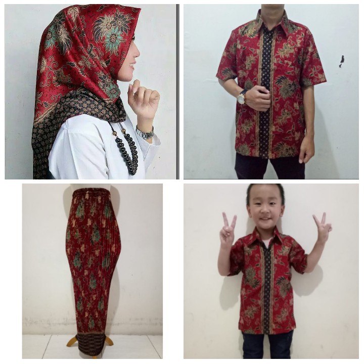 Couple Family Rekha Stelan Rok Plisket Kerudung Jilbab Hijab Dan Kemeja Batik Anak Ayah