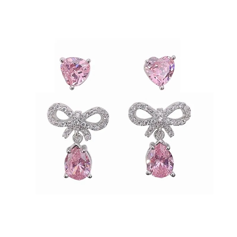 Anting Tusuk Gantung Bahan Sterling Silver 925 Desain Pita Hias Zircon Pink Gaya Mewah Untuk Wanita