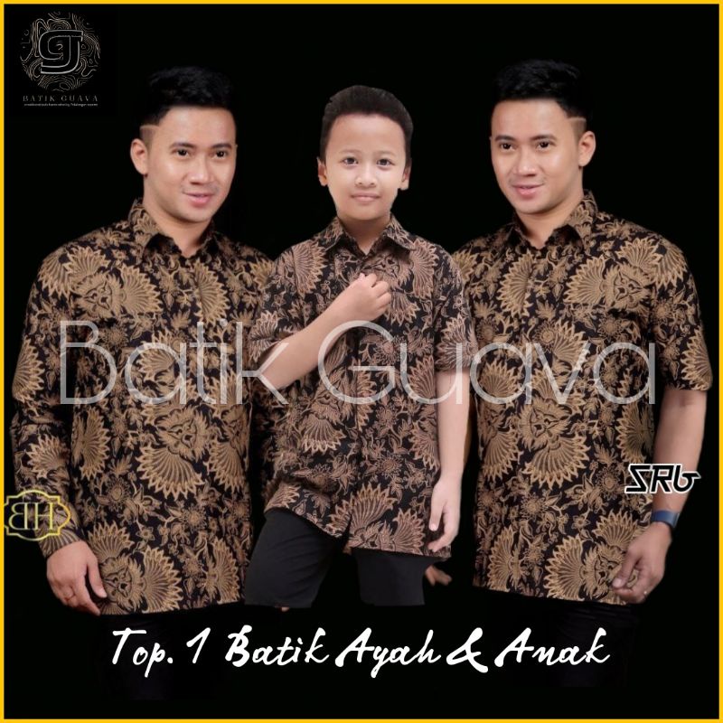 TERBARU COUPLE SWEET - COUPLE BATIK AYAH DAN ANAK COWOK BATIK HITAM COKLAT - BATIK GUAVA - BATIK PRIA