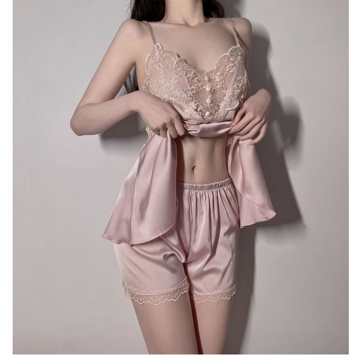 Sexy lingerie satin baju tidur sexy lingerie wanita / Baju tidur lingerie satin pajamas / Sleepwear pajamas 193-Soft pink