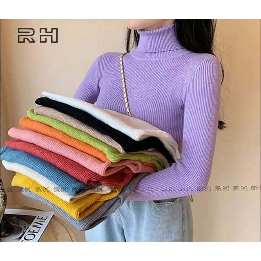 baju rajut kerah tinggi turtleneck salur by RHcollections sweater long neck wanita leher panjang