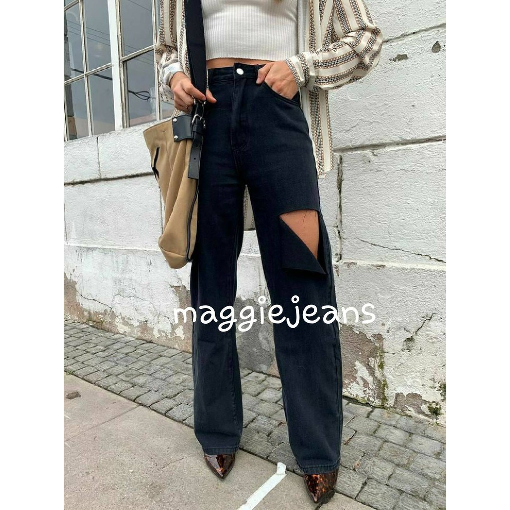 Celana Boyfriend Kulot Highwaist Ripped Knee/Sobek Lutut Wanita Murah Hitam