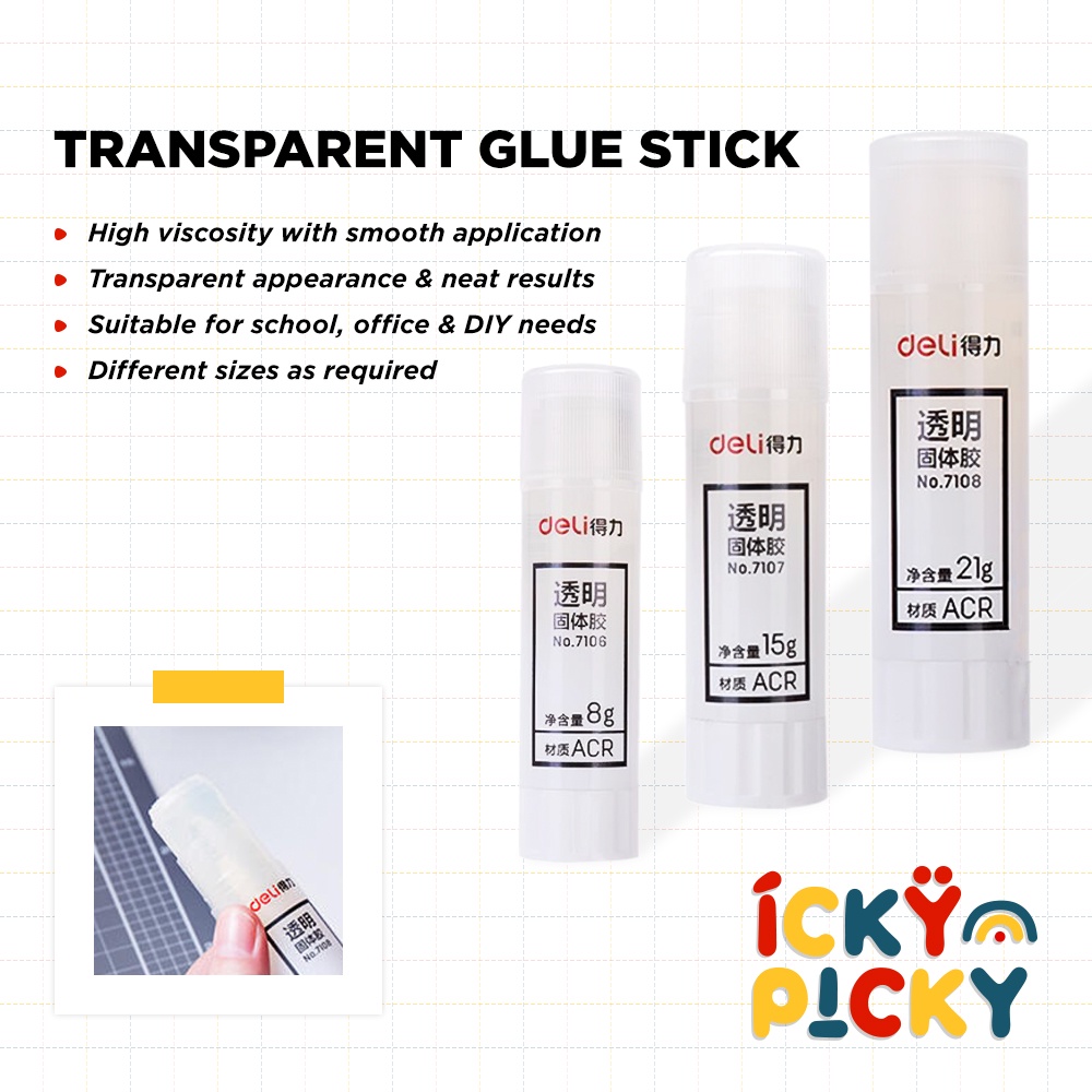 

[ickypicky] Deli Lem Stik Transparan Gaya Muji (8 / 15 / 21 gram) 7106 7107 7108 | Transparent Glue Stick