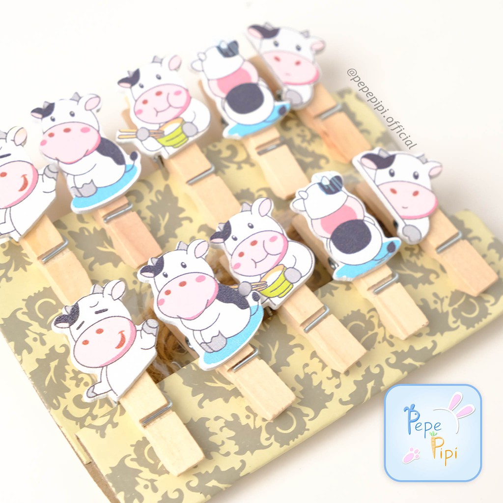 10 pcs Jepitan Foto Sapi Cow Polaroid 1 set + tali Wooden Clip Polaroid