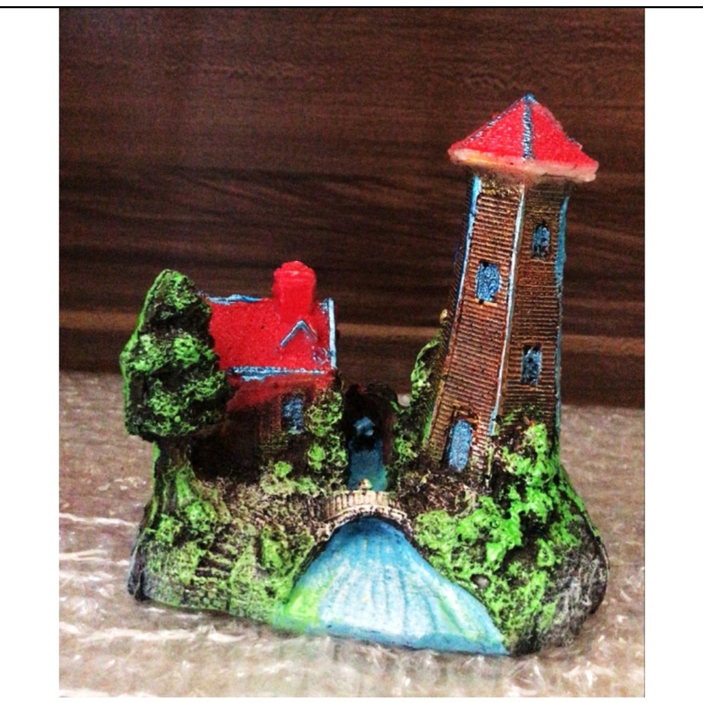 hiasan aquarium fiber rumah menara, hiasan aquarium rumah menara, dekorasi aquarium rumah menara, de