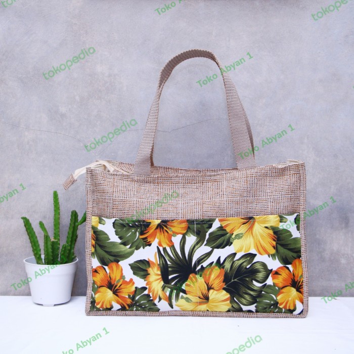 tas gail kombinasi kanvas motif bunga sepatu kuning