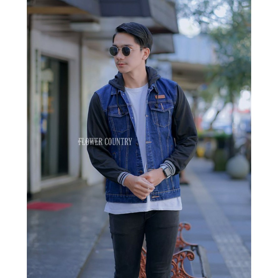 TERMURAH ! JACKET JEANS DENIM REGLAN PRIA JAKET JEANS BOY HOODIE KOMBINASI FLEECE BIG SIZE L XL XXL-BOY BIOWASH BLACK