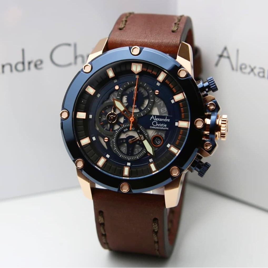 Alexandre Christie Original AC6564 Jam Tangan Pria Tali Kulit Coklat Rose Biru
