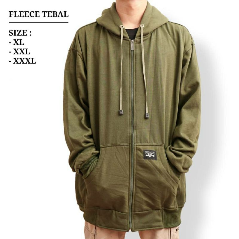 JAKET Jumbo Pria Wanita Big Size Hoodie Oversize Murah XL XXL XXXL Zipper Polos Cewek Cowok Premium-Hijau army