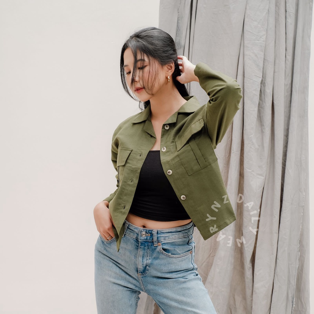 Kemeja Crop Linen Pocket Oversize Kemeja Crop Wanita Polos Atasan Wanita Terbaru