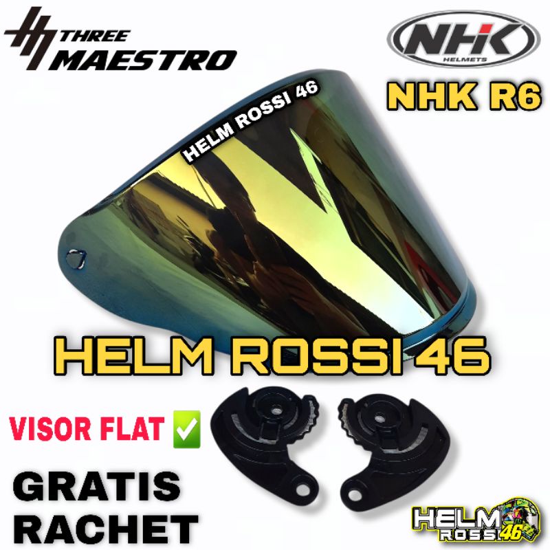 Kaca Visor NHK R6 R 6 FLAT Datar Model Venom Iridium Gold Silver Blue Chrome Gratis Rachet Bracket Sepasang Merk Three Maestro