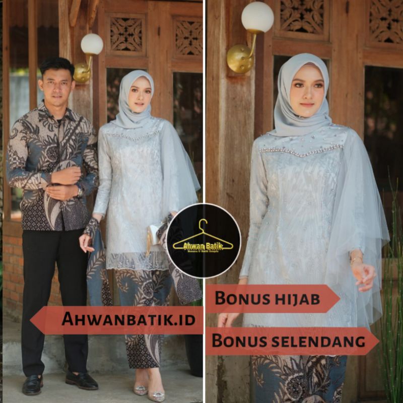 Kebaya batik couple veka grey Bonus hijab Kebaya couple lamran