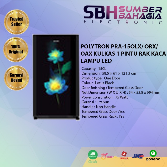 POLYTRON PRA-15OLX/ ORX/ OAX KULKAS 1 PINTU RAK KACA LAMPU LED (NEW) (KHUSUS BANDUNG)