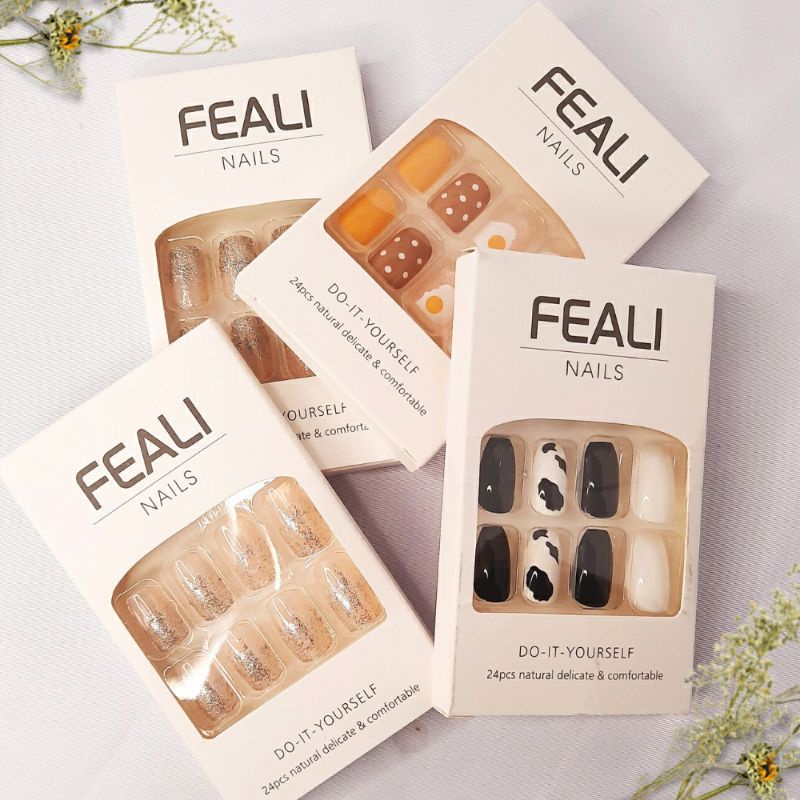 [COD] FEALI dan NAILS 24 pcs 1 set Kuku Palsu dan Lem Fake Nail Art Kuku Palsu Gaya Wanita Korea Free Lem 2 gram