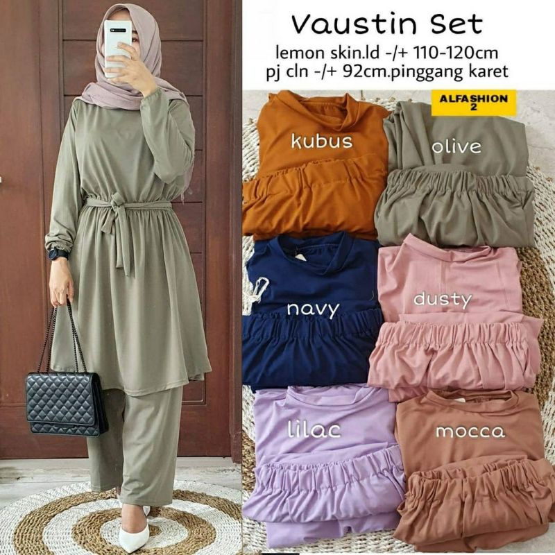 Vaustin Set, SETELAN WANITA MUSLIM POLOS CANTIK JUMBO BAHAN LEMON SKIN PREMIUM LD 110-120 TERMURAH