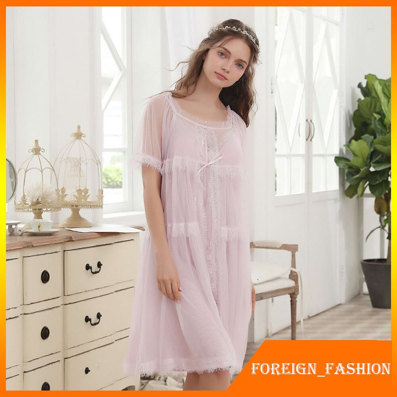Baju Tidur Wanita Sexy Two 2 Pieces Sleepwear Autumn Women Robe Gown Sets Lace Nightdress Bathrobe
