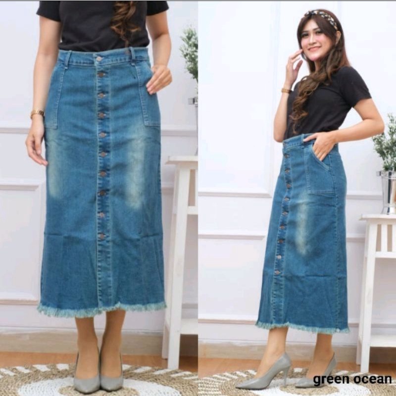 Rok Jeans Stretch Span Panjang Gisca Kancing Depan Tebal Dan Melar-3
