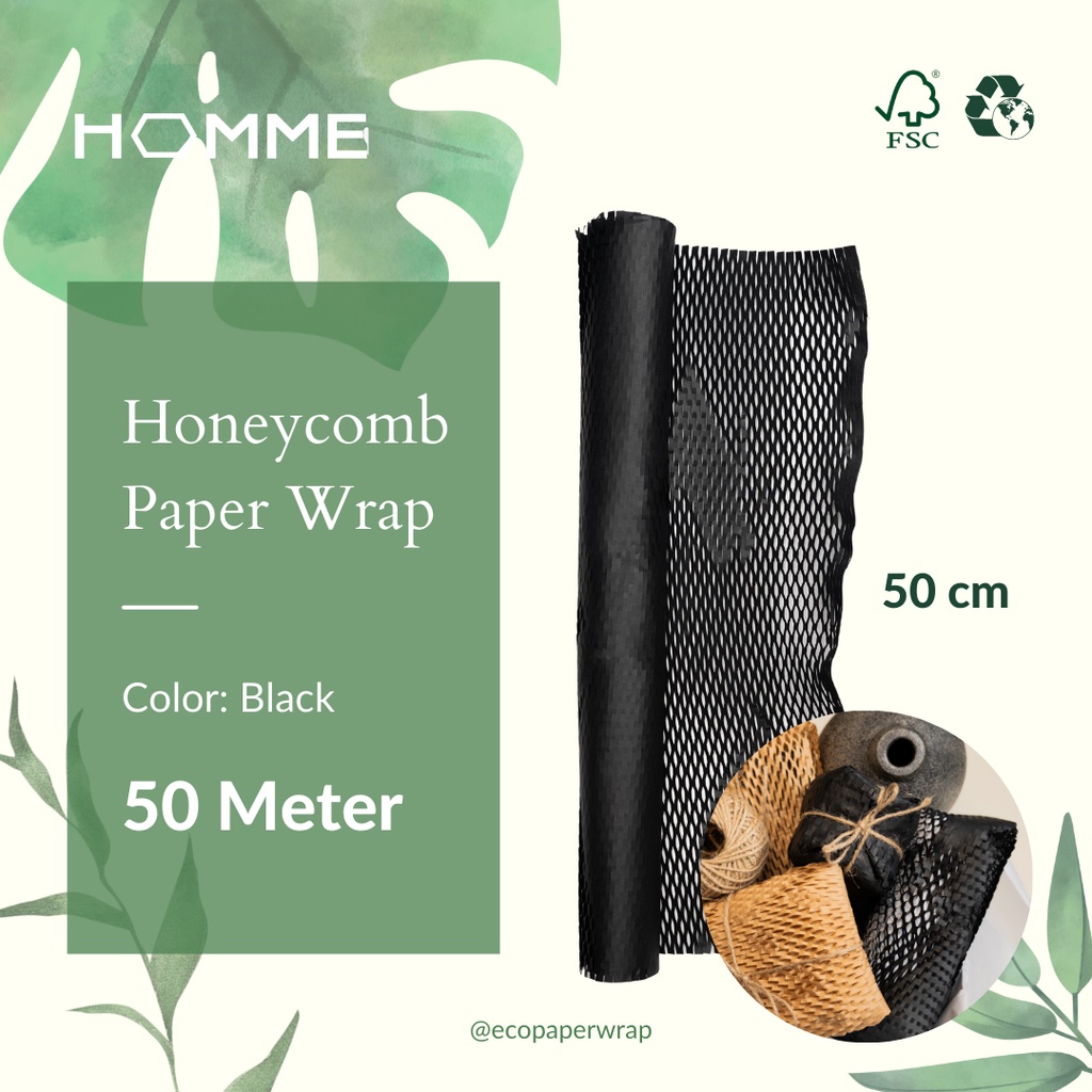 

[50 Meter] 50 Cm HOMME Ecofriendly Packaging Honeycomb Paper Bubblewrap Kertas 50 cm Warna Hitam pengganti plastik ramah lingkungan bungkus kado unik