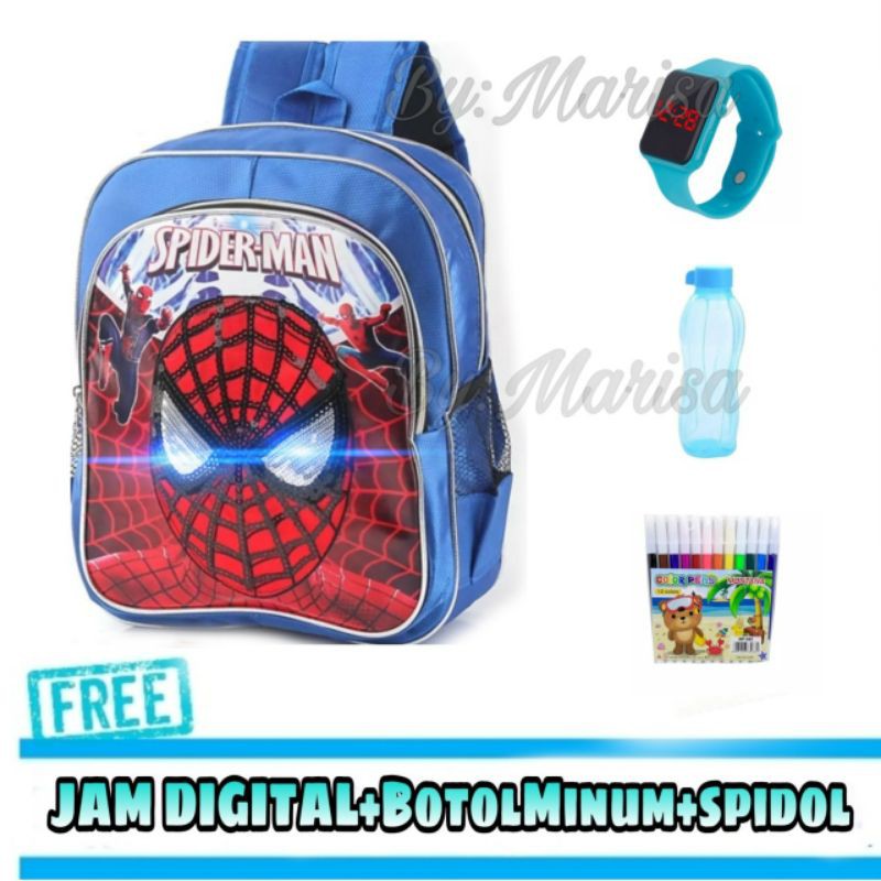 Tas Anak Laki Laki Spiderman Plus Jam Tangan Digital Botol Minum dan Spidol